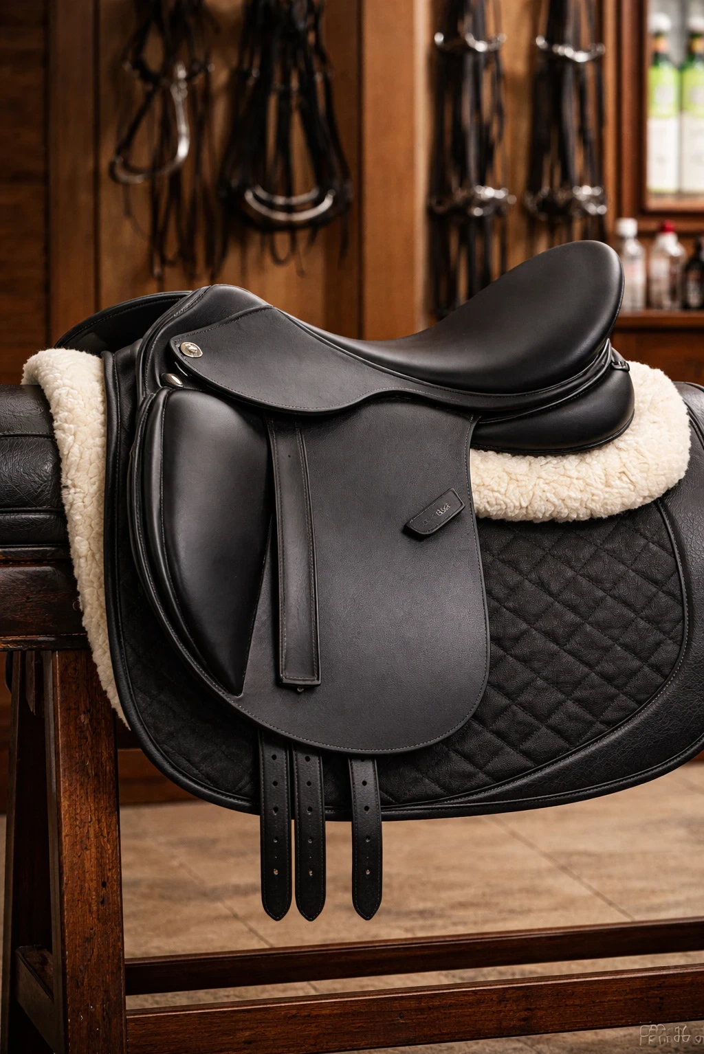 Arena Monoflap saddle stored on padded rack in tack room.