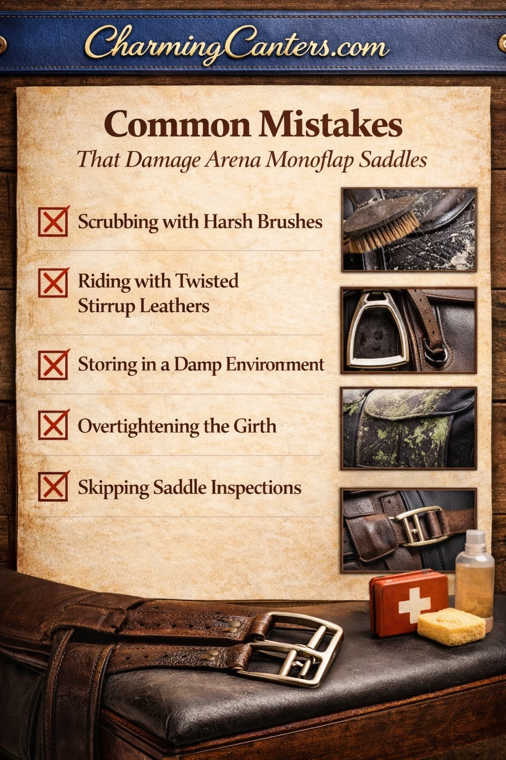 Common mistakes that damage Arena Monoflap saddles checklist from CharmingCanters.com highlighting harsh brushing, twisted stirrup leathers, damp storage, overtightening girth, and skipped inspections.