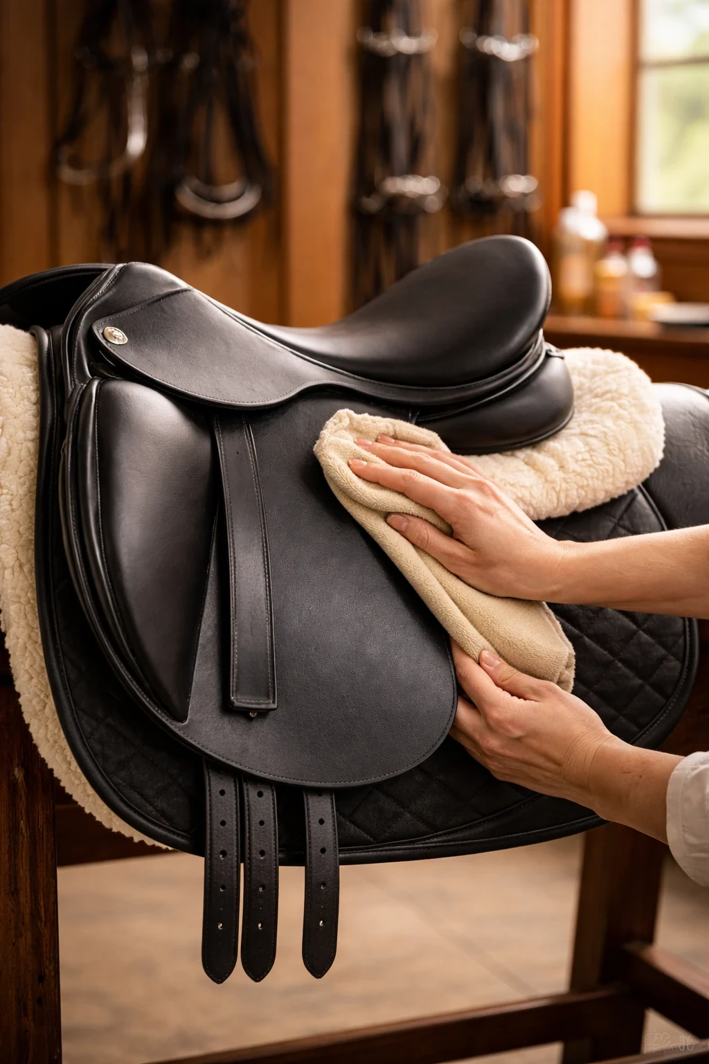 Woman’s hands gently wiping an Arena Monoflap dressage saddle with a soft cloth, showing proper leather care in a tack room with warm natural light.