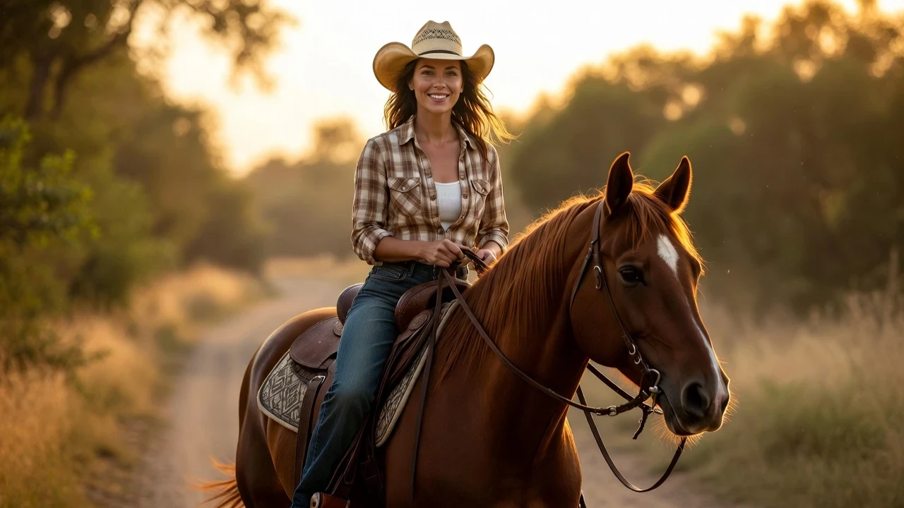 Adult beginner rider on a calm Quarter Horse in a Western saddle during a golden hour trail ride