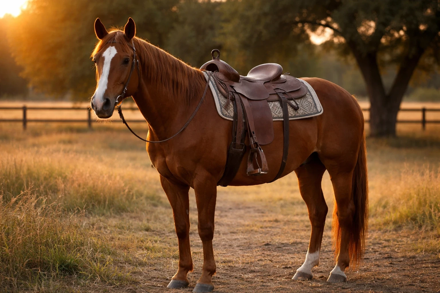 Sorrel American Quarter Horse standing calmly in a pasture wearing a Western saddle at golden hour