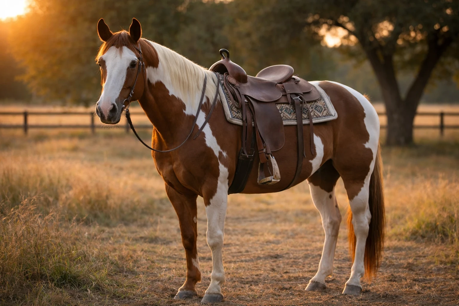 Calm American Paint Horse standing in a pasture wearing a Western saddle at golden hour