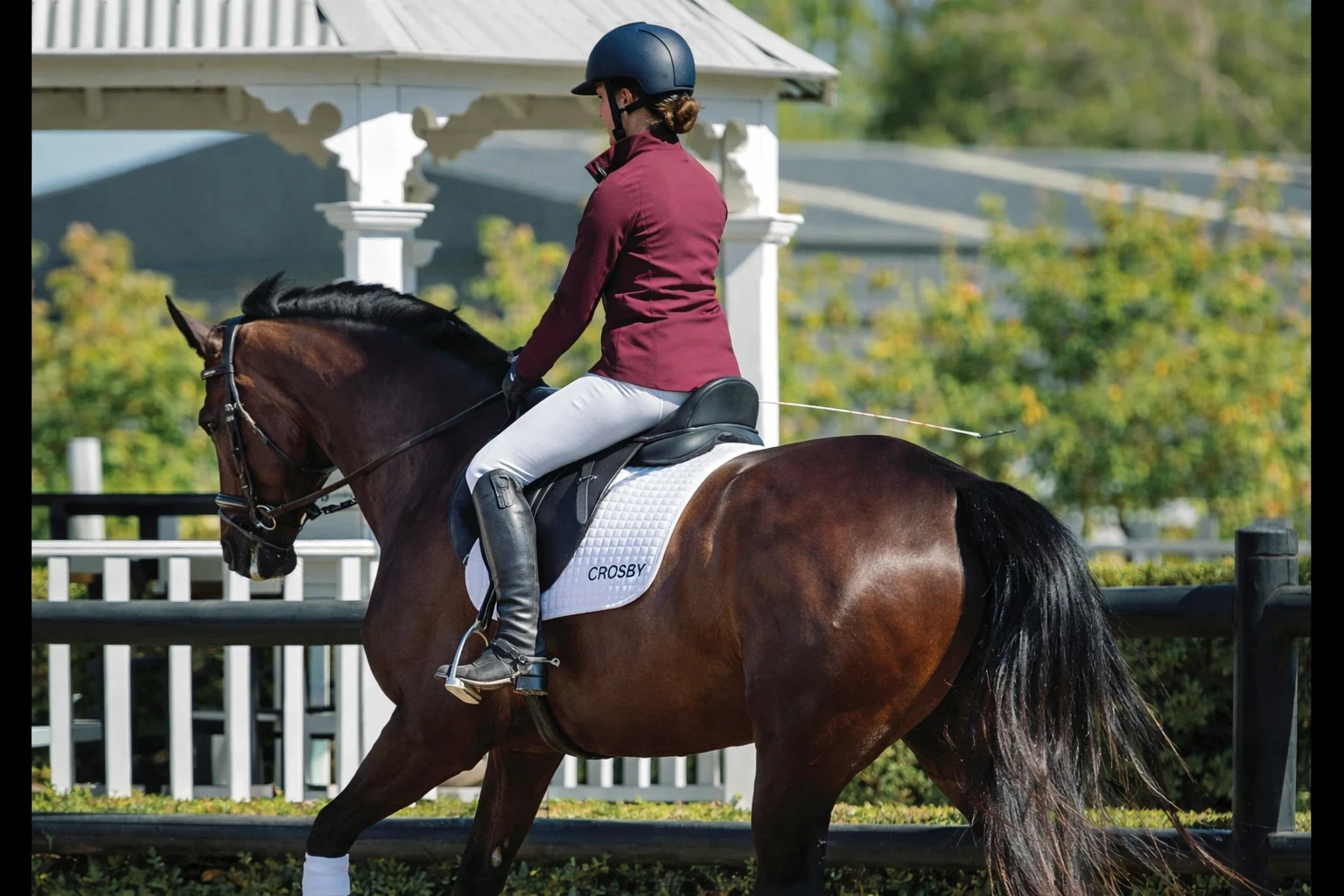 rider performing dressage work in a dressage saddle showing balance and horse movement