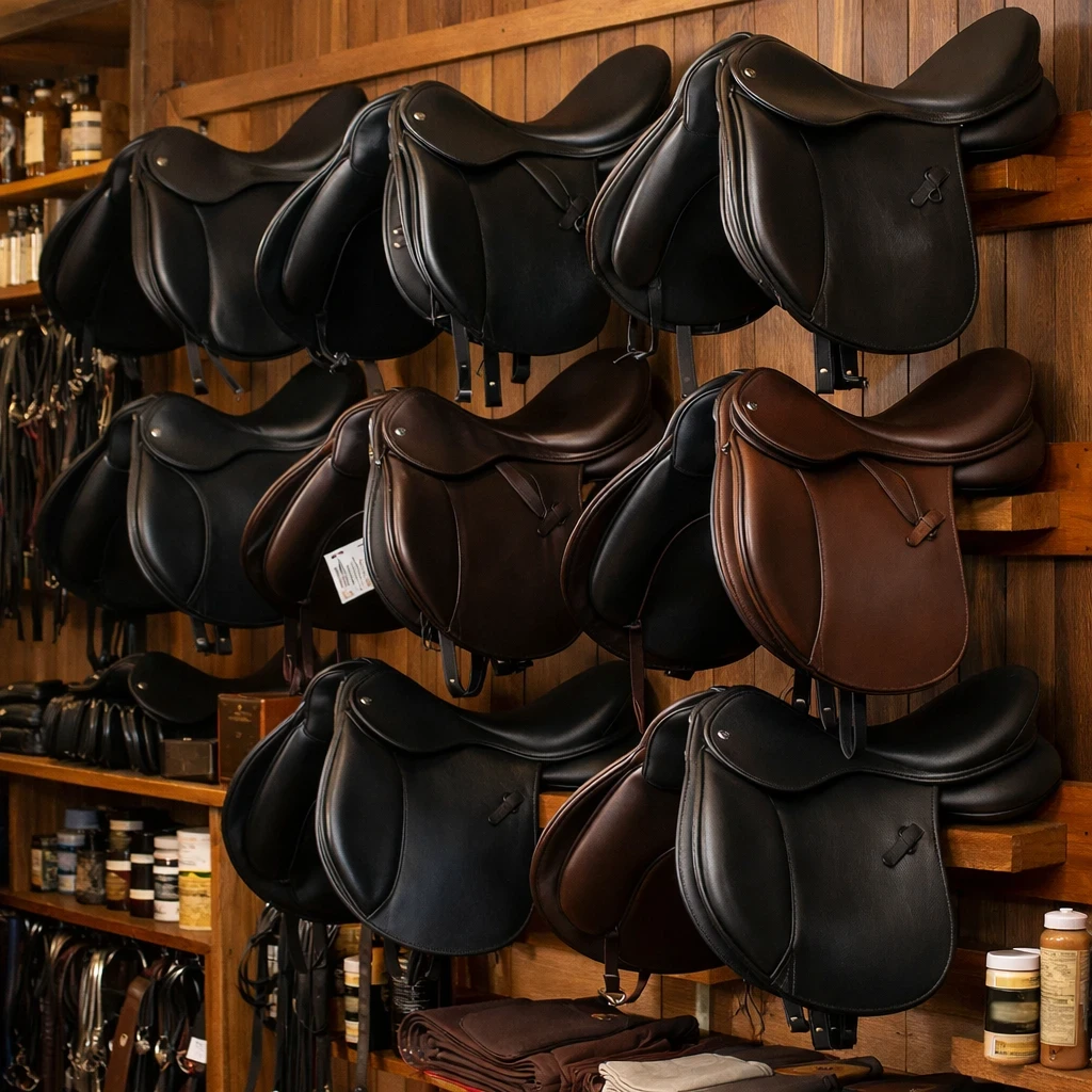 multiple leather dressage saddles displayed on wall rack inside equestrian tack shop
