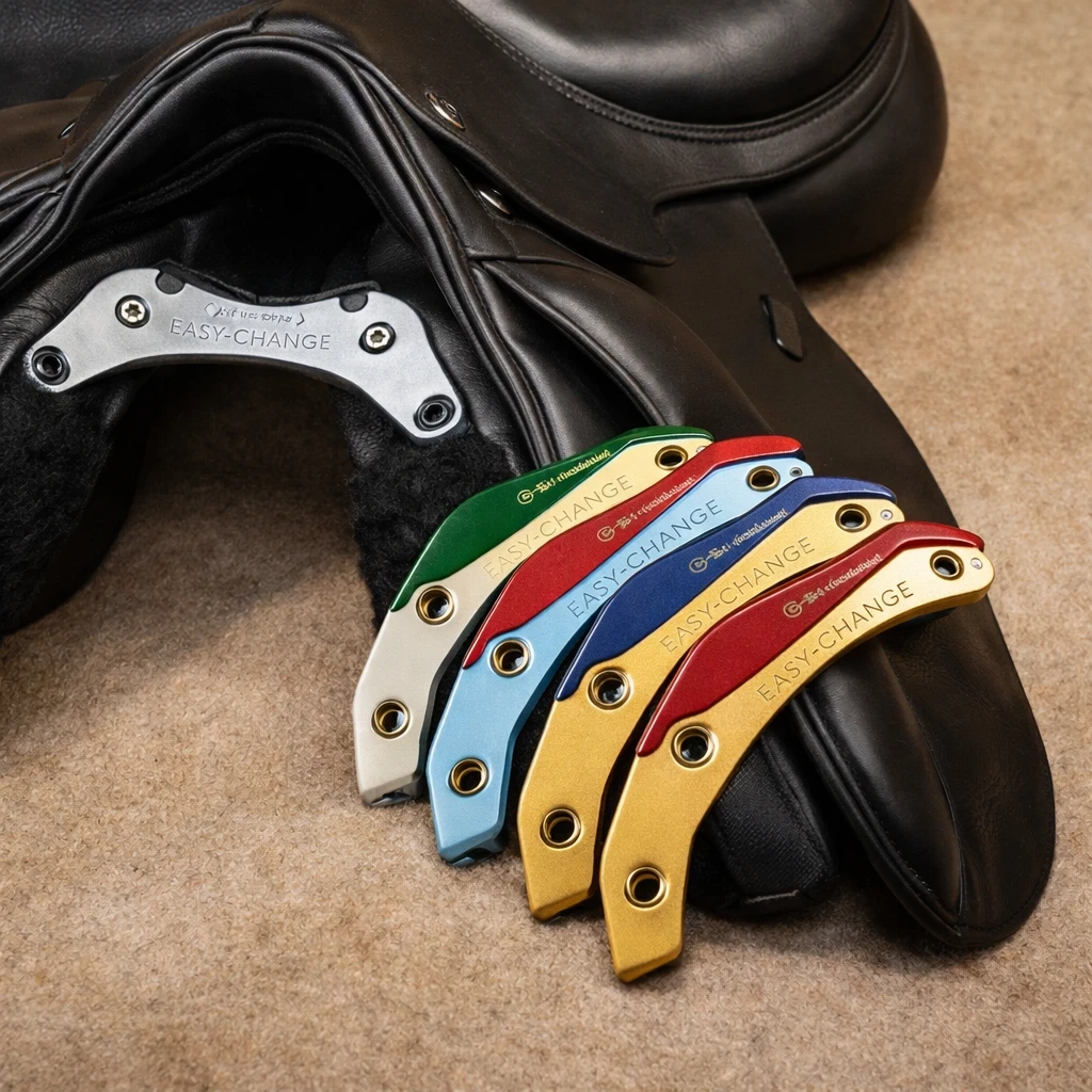EasyChange gullet plates next to a dressage saddle
