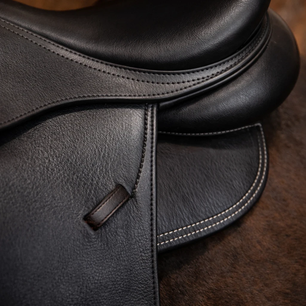close up of leather dressage saddle stitching and knee block