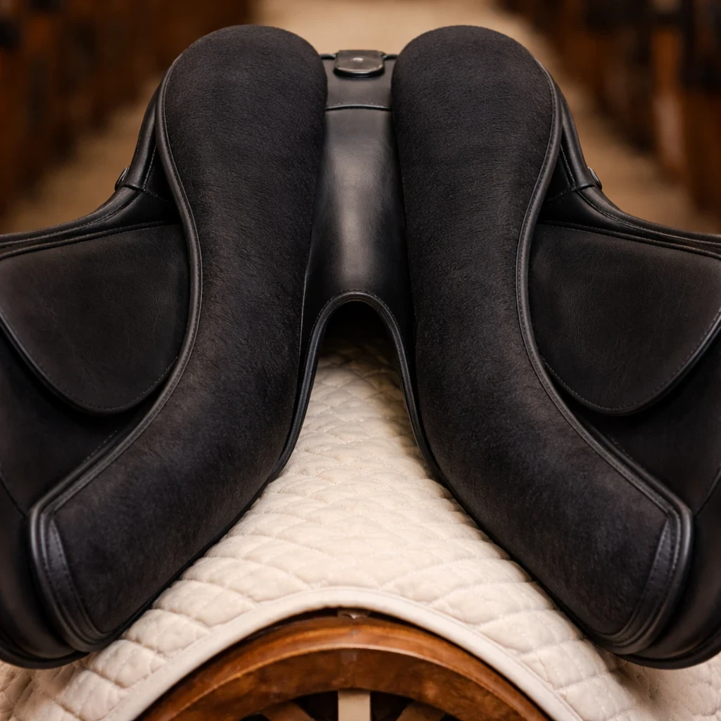 Underside of dressage saddle showing panels and gullet channel