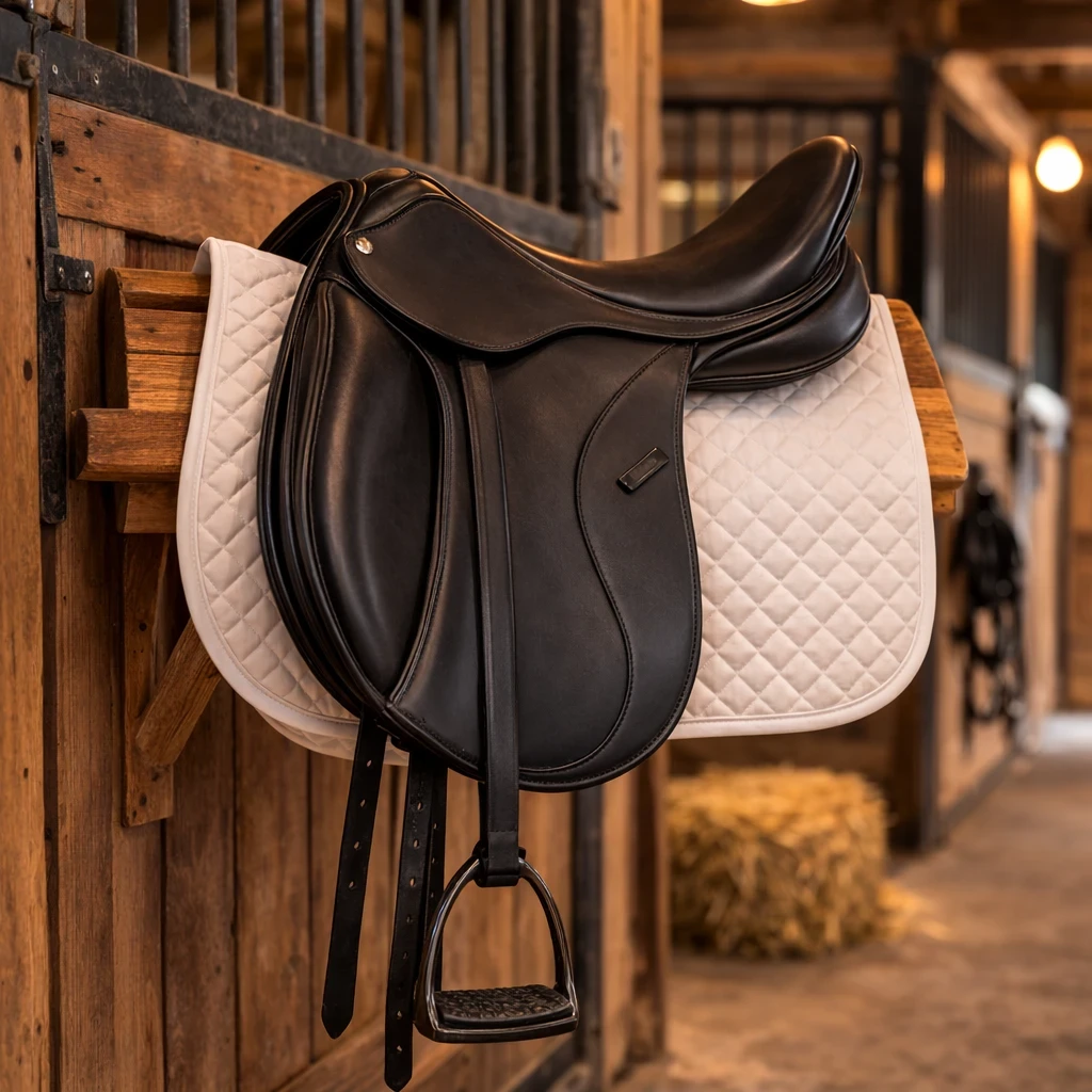 black leather dressage saddle on wooden saddle rack inside horse barn