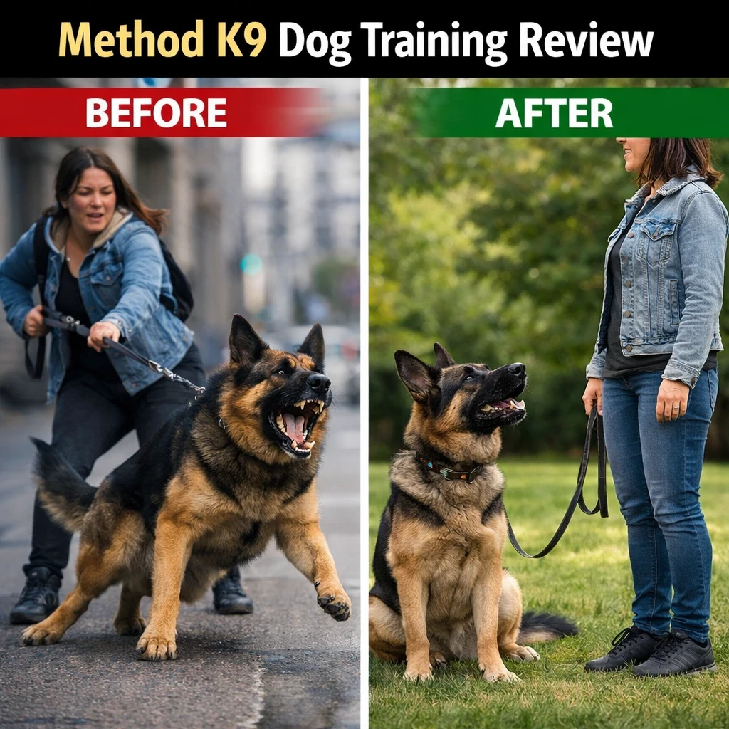 method k9 dog training review reactive dog lunging vs calm trained dog before and after
