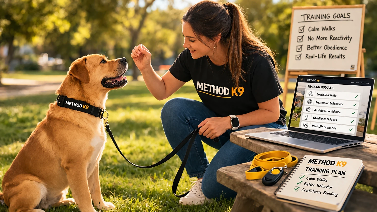 dog trainer working with reactive dog teaching calm leash behavior