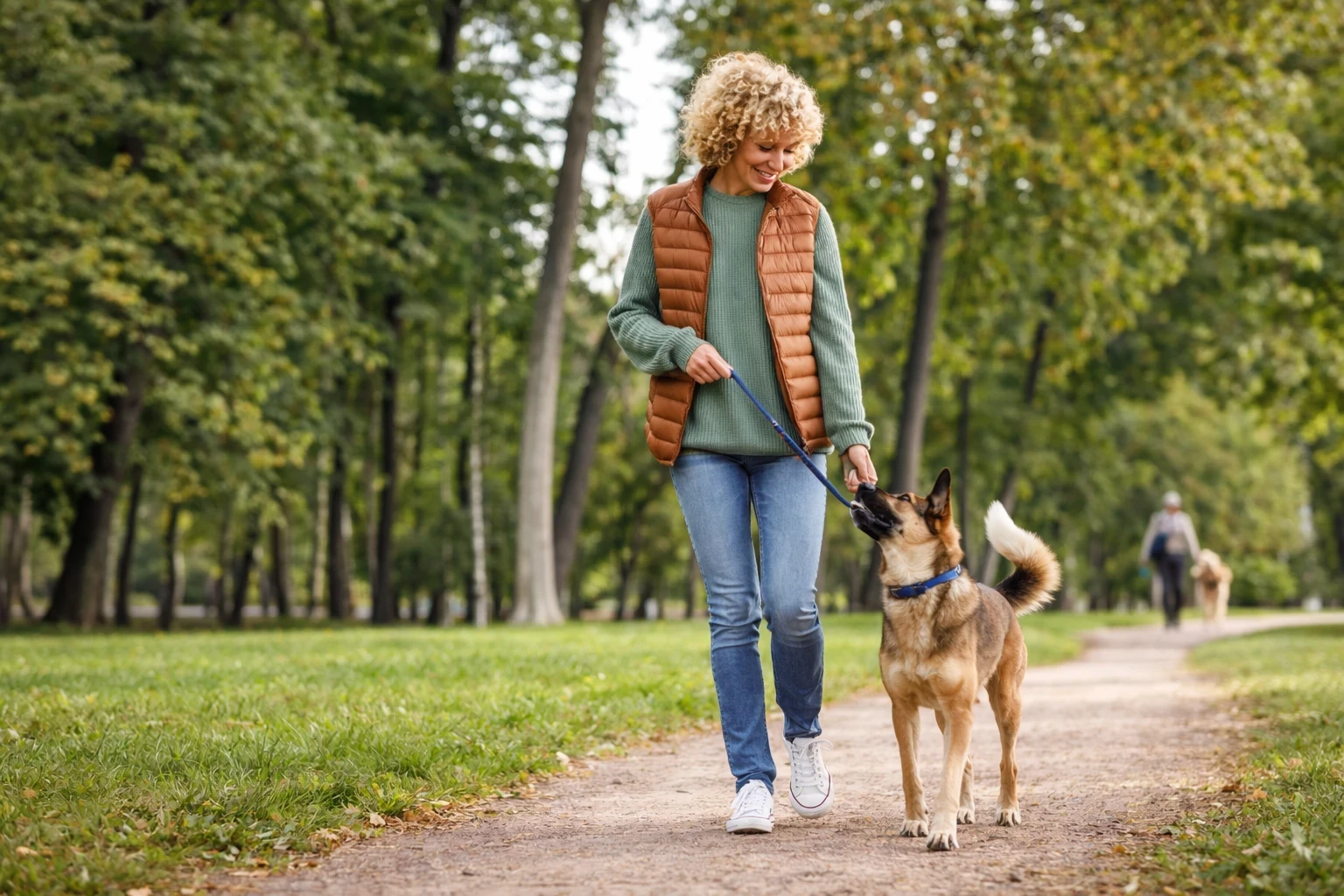 woman calmly walking dog after using method k9
