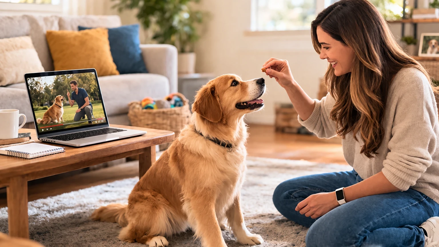 dog owner using Spirit Dog Training program at home with laptop teaching dog positive reinforcement training