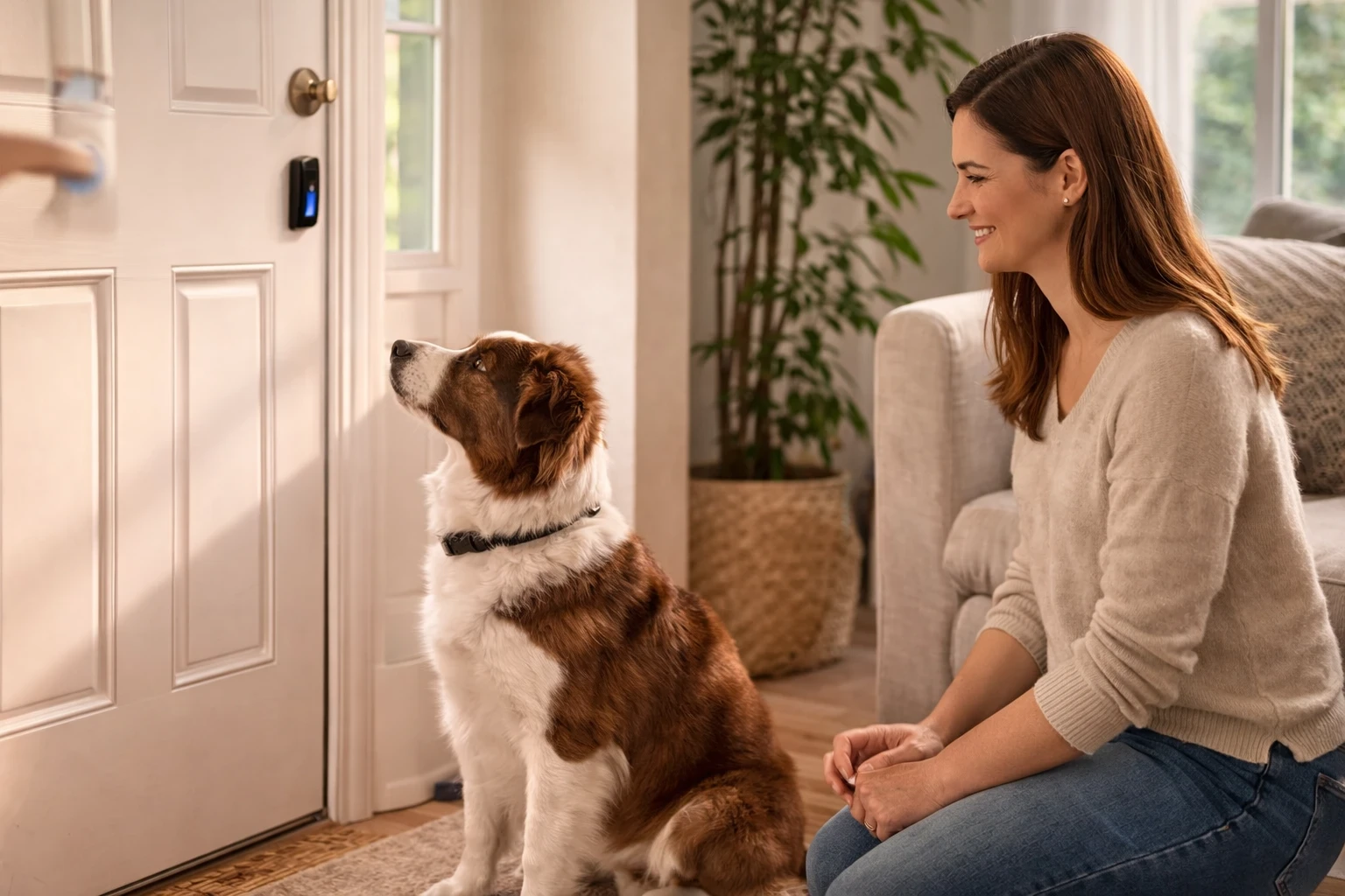 calm well trained dog sitting quietly next to owner showing results of positive reinforcement dog training program