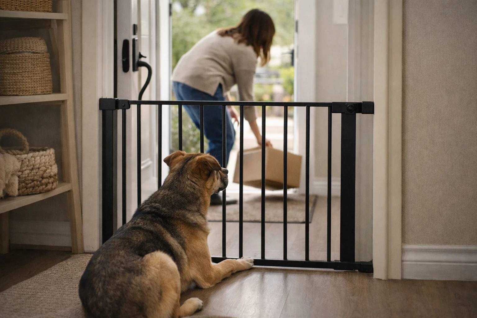 Dog safely separated by baby gate while owner gives space and uses treats to reduce growling behavior