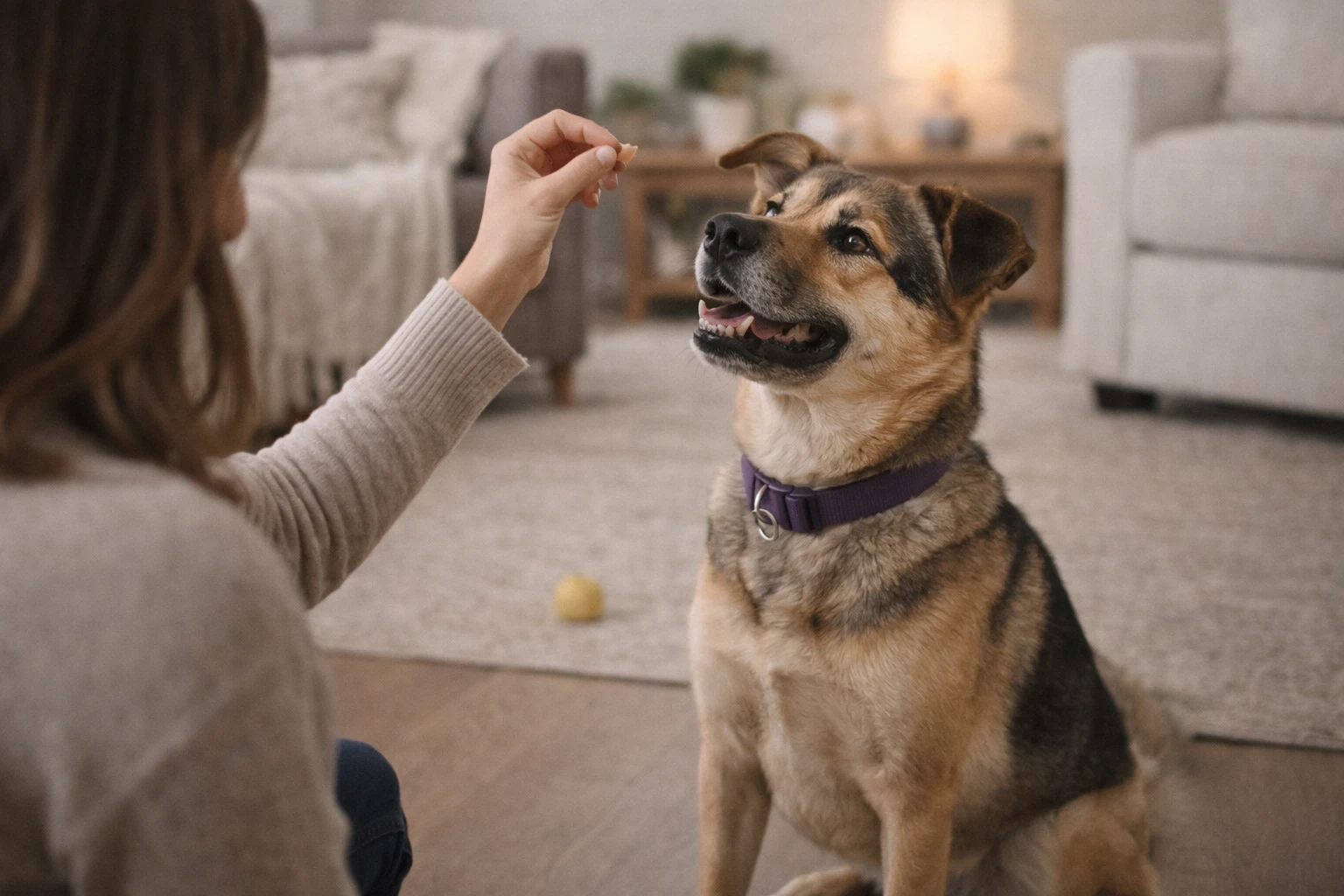 Owner teaching dog calm behavior using treats and commands to replace growling response indoors