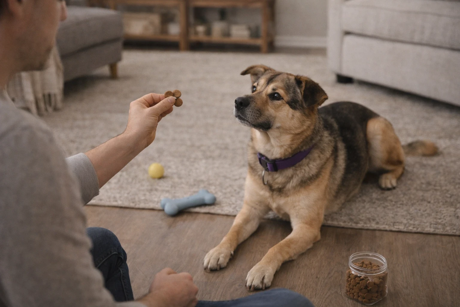 Dog training session showing consistent use of treats and commands to reinforce calm behavior in rescue dog