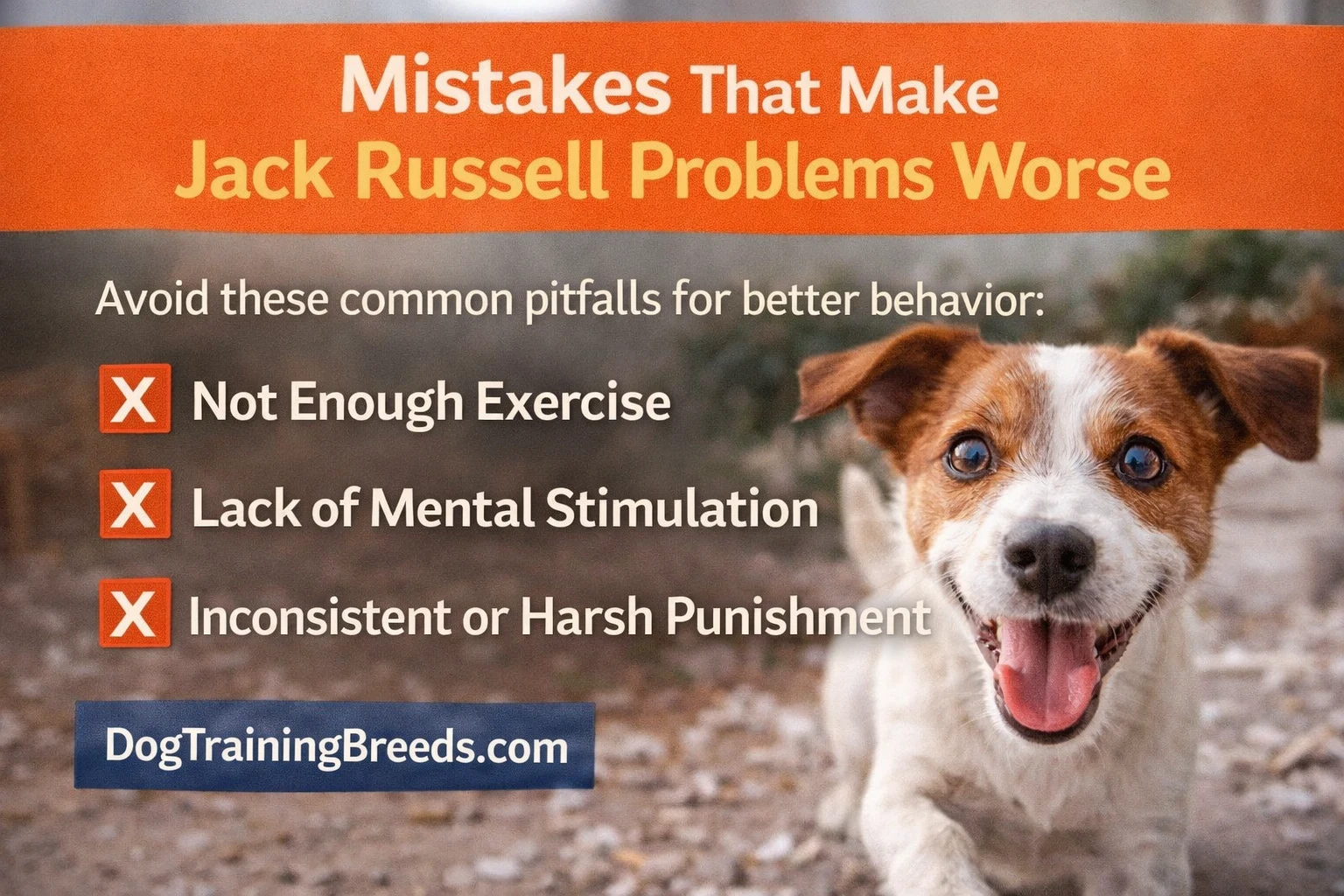 Checklist of mistakes that make Jack Russell Terrier behavior problems worse including lack of exercise, mental stimulation, and inconsistent training