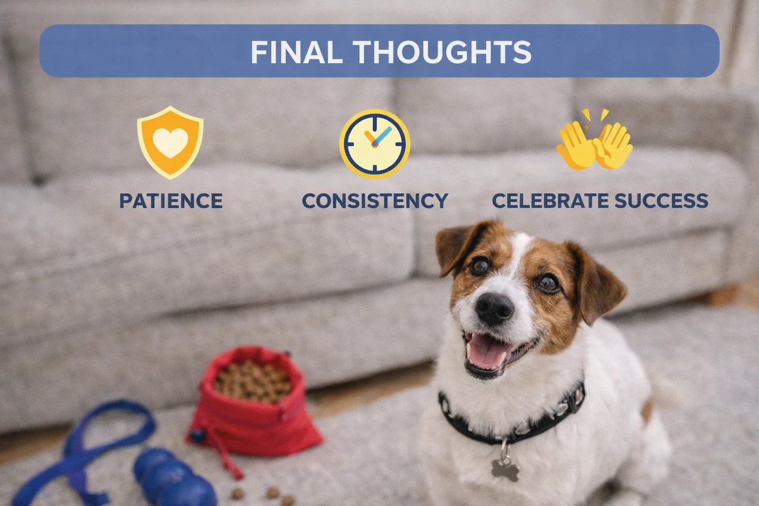 happy owner bonding with calm jack russell terrier at home