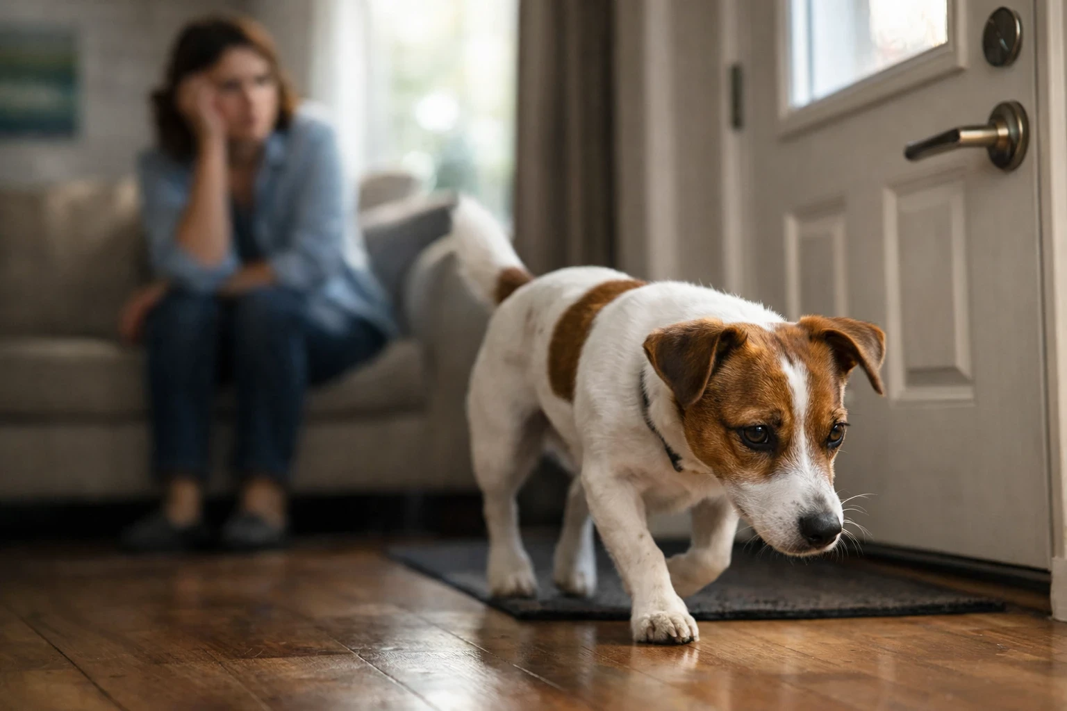 Anxious rescue Jack Russell Terrier pacing near a front door while concerned owner sits in the background, showing signs of dog anxiety at home