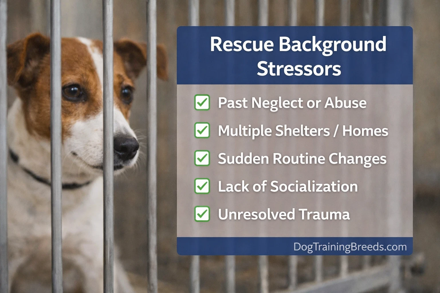 Rescue Jack Russell Terrier behind shelter bars with checklist showing common anxiety causes like trauma, multiple homes, and lack of socialization