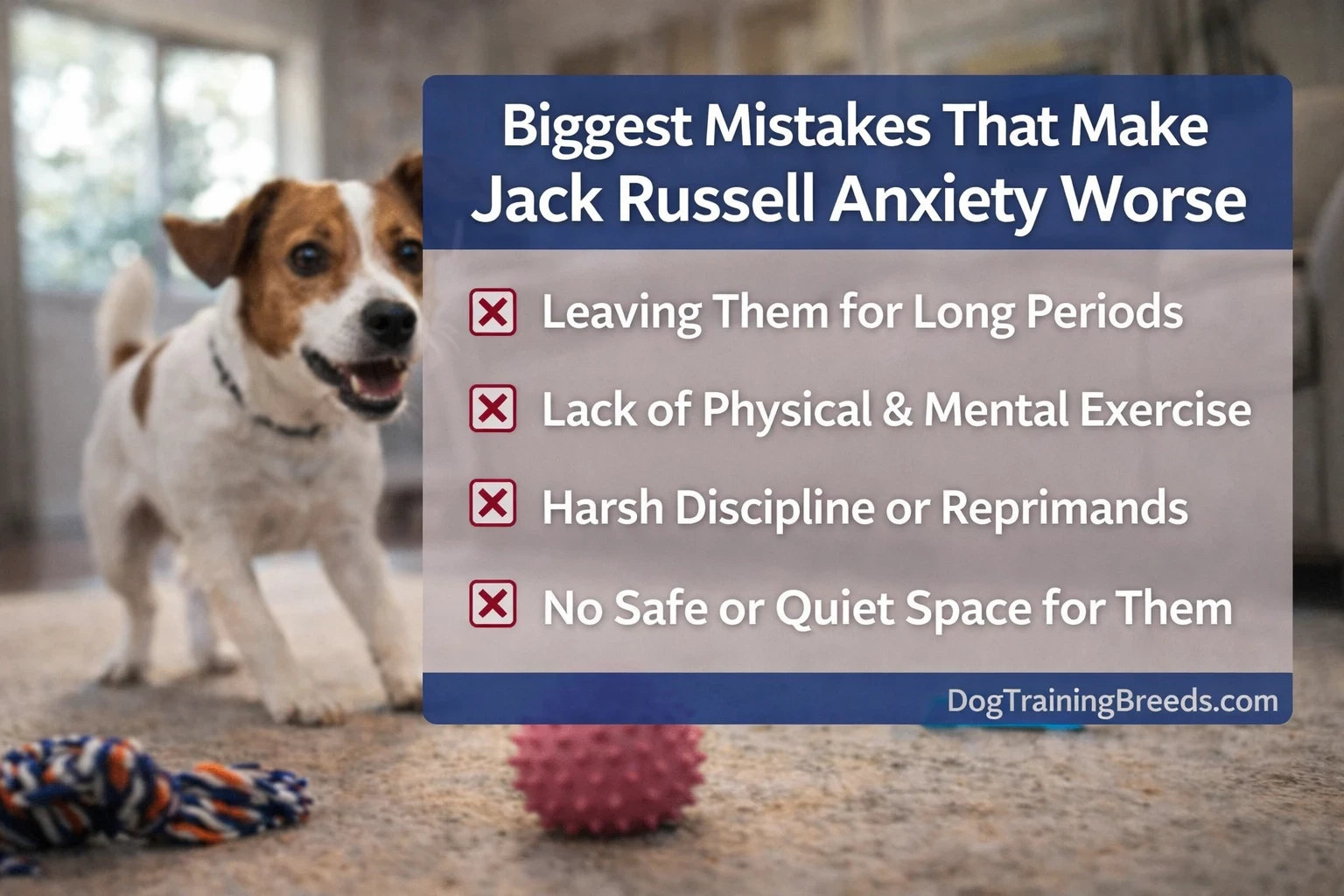 Checklist showing biggest mistakes that make Jack Russell Terrier anxiety worse, including lack of structure, exercise, and safe space