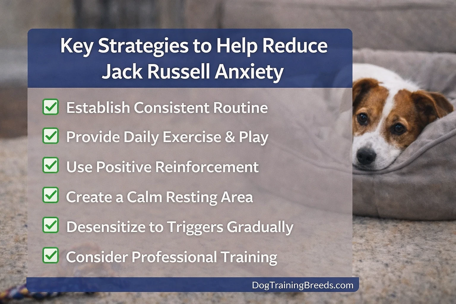 Checklist showing key strategies to reduce Jack Russell Terrier anxiety, including routine, exercise, training, and creating a calm resting space