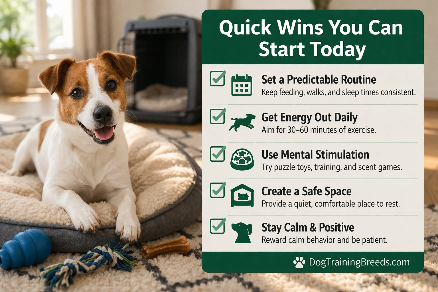 Quick wins checklist to help calm an anxious rescue Jack Russell Terrier, including routine, exercise, mental stimulation, and a safe resting space