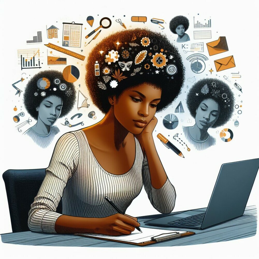 A black woman with afro hair working on a laptop