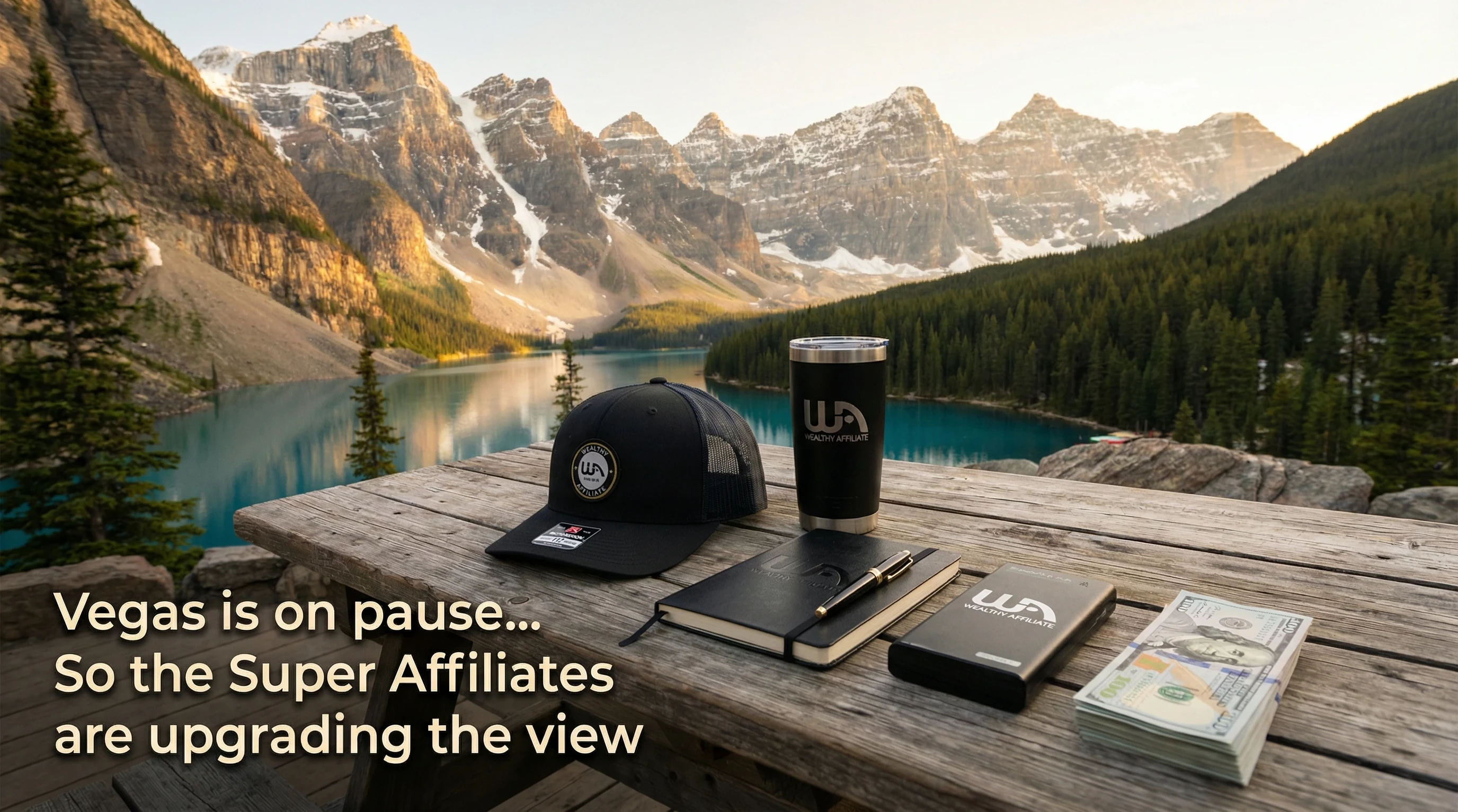Wealthy Affiliate swag arranged on a table overlooking the Canadian Rockies, imagining a Super Affiliate trip in Banff