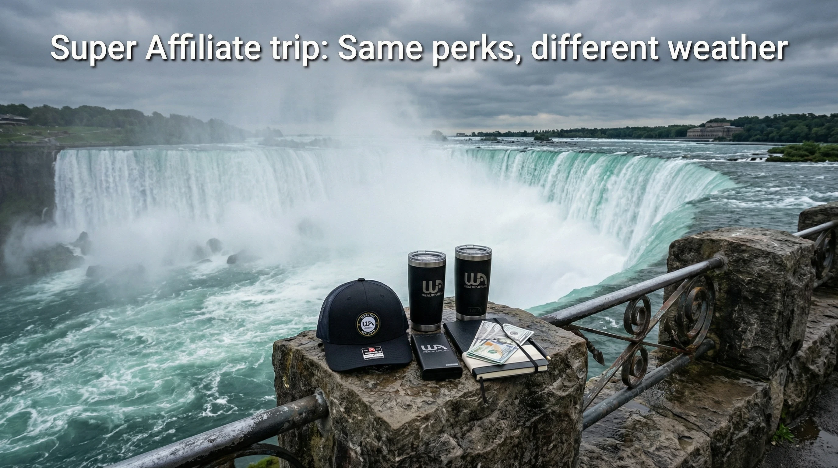 Wealthy Affiliate swag overlooking Niagara Falls, visualizing a Super Affiliate trip in Canada