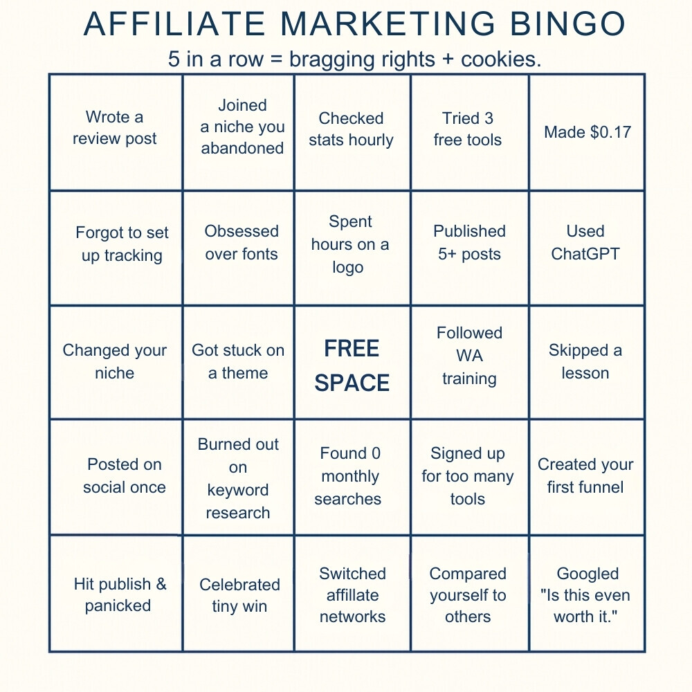 A 5x5 “Affiliate Marketing Bingo” card featuring humorous milestones like “Checked stats hourly” and “Forgot to set up tracking,” styled in a clean grid for community interaction.