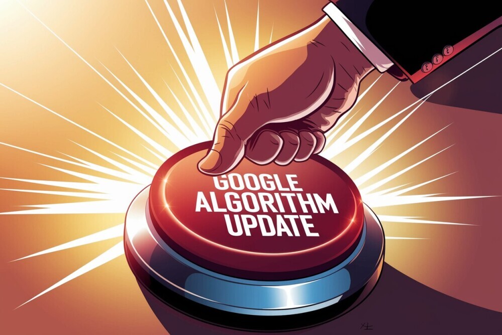 A dramatic close-up of a hand slamming a red button labeled “Google Algorithm Update.”