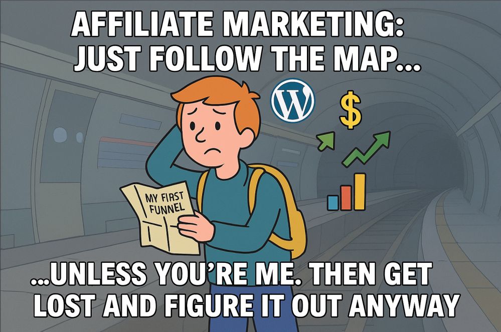 A cartoon character lost in a subway holding a “My First Funnel” map, surrounded by floating marketing icons, representing the confusion of affiliate marketing.