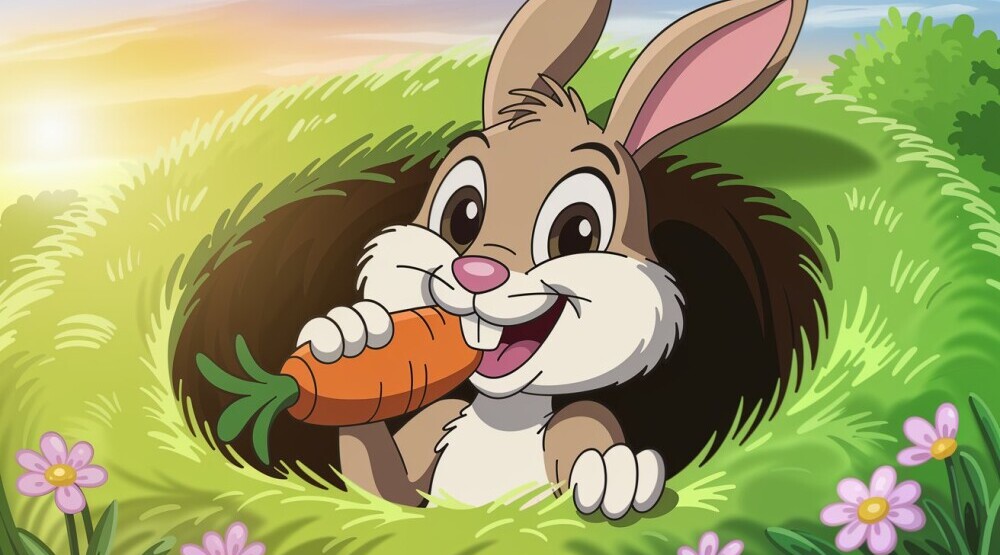 Cheerful cartoon rabbit emerging from a hole, holding a carrot, representing escaping the rabbit hole of perfectionism.