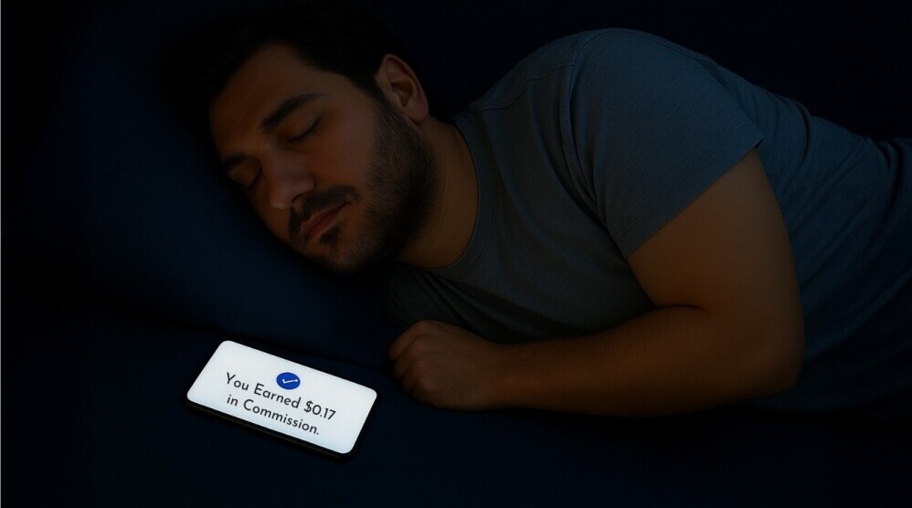 A man sleeping in bed with a smartphone next to him displaying a $0.17 commission notification from ClickBank.