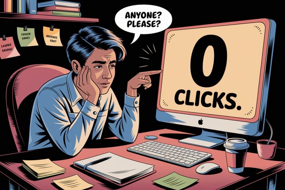 Cartoon of a frustrated marketer pointing at a screen that says “0 CLICKS,” with a speech bubble saying “Anyone? Please?”