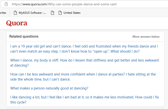 Quora forum questions about the difficulty of dancing at social gatherings