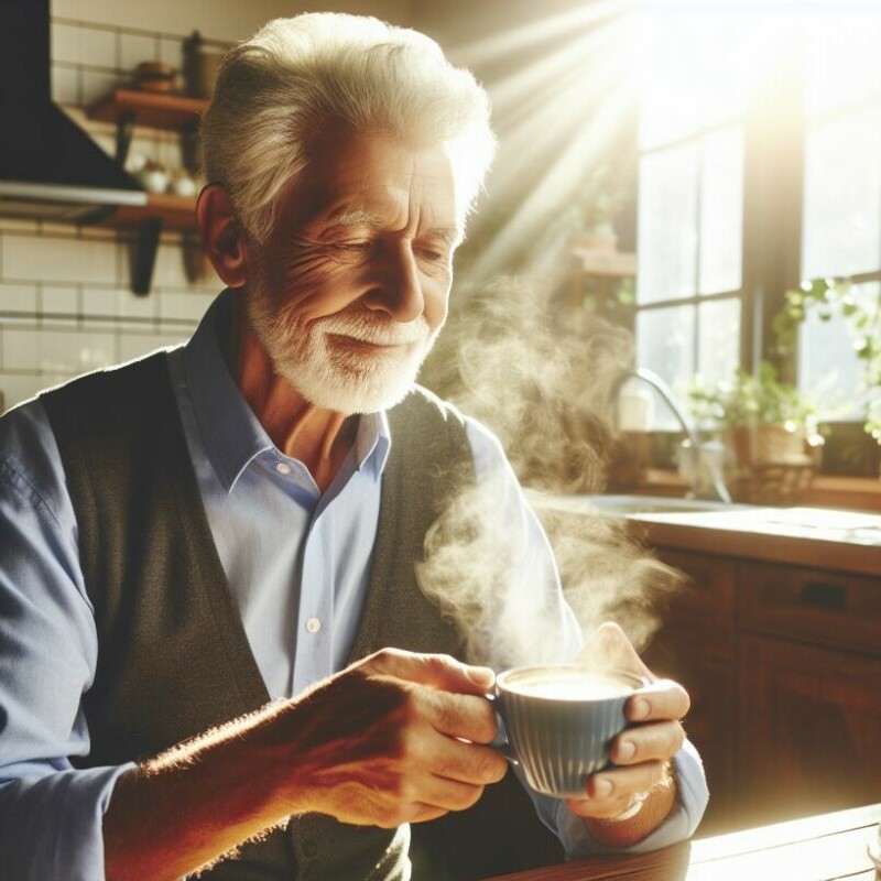 senior citizen drinking hot coffee