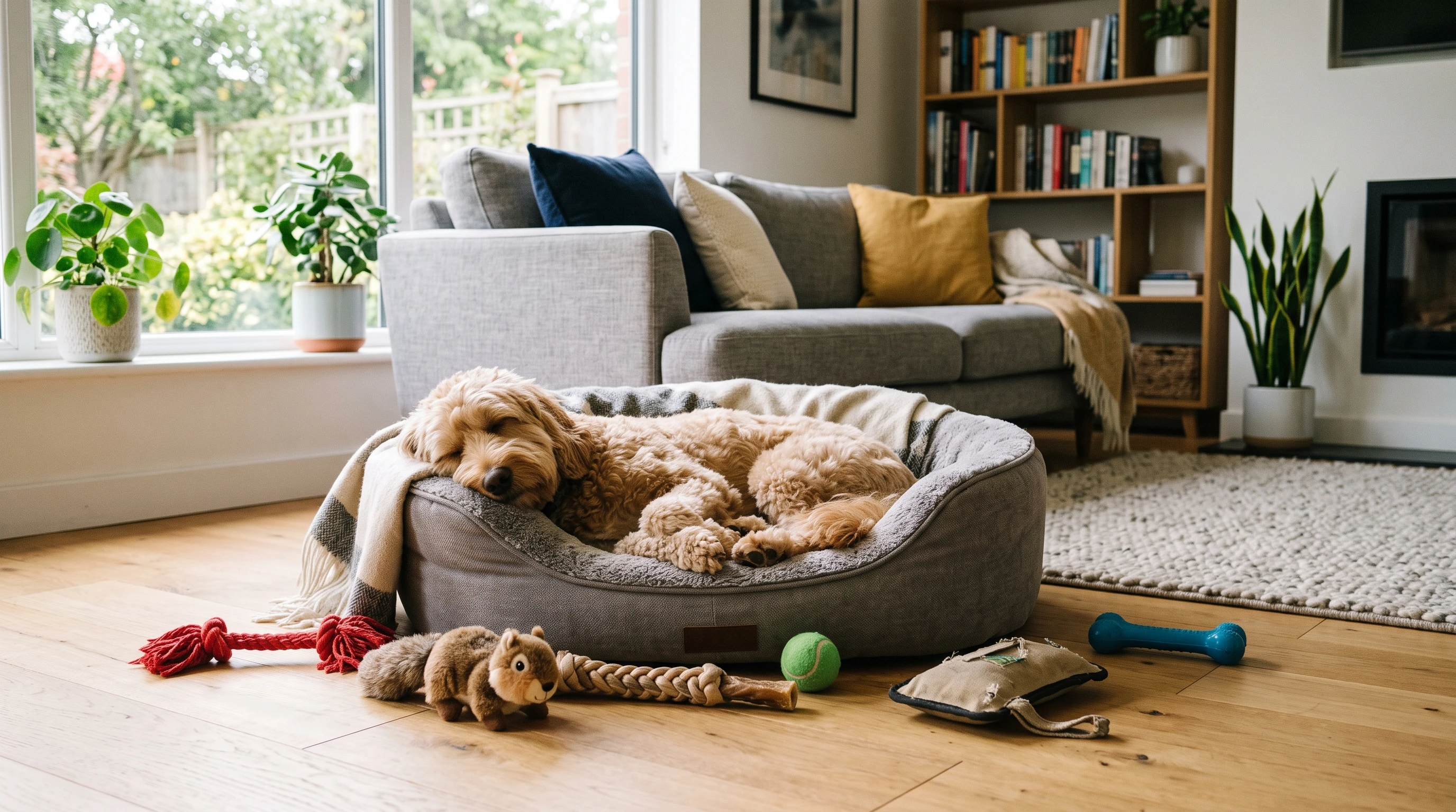 A cozy pet bed in a modern home, a relaxed dog lying on it, surrounded by pet toys