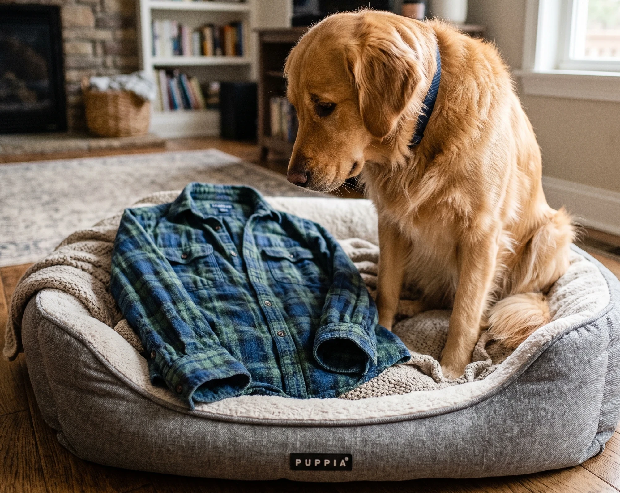 man's shirt on dog bed