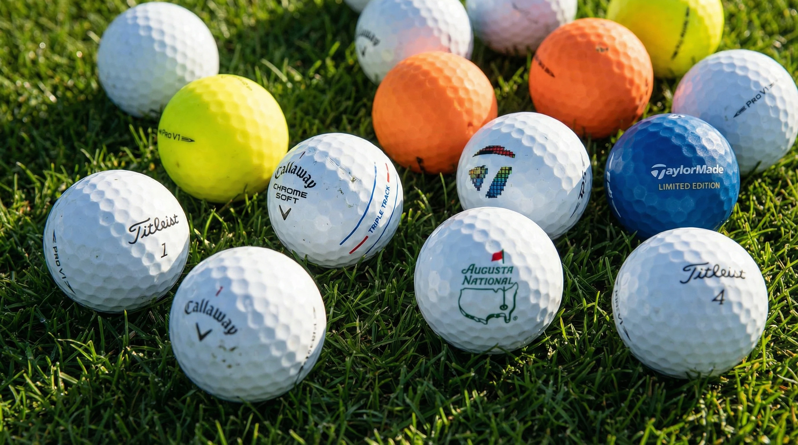 Assorted golf balls on green grass
