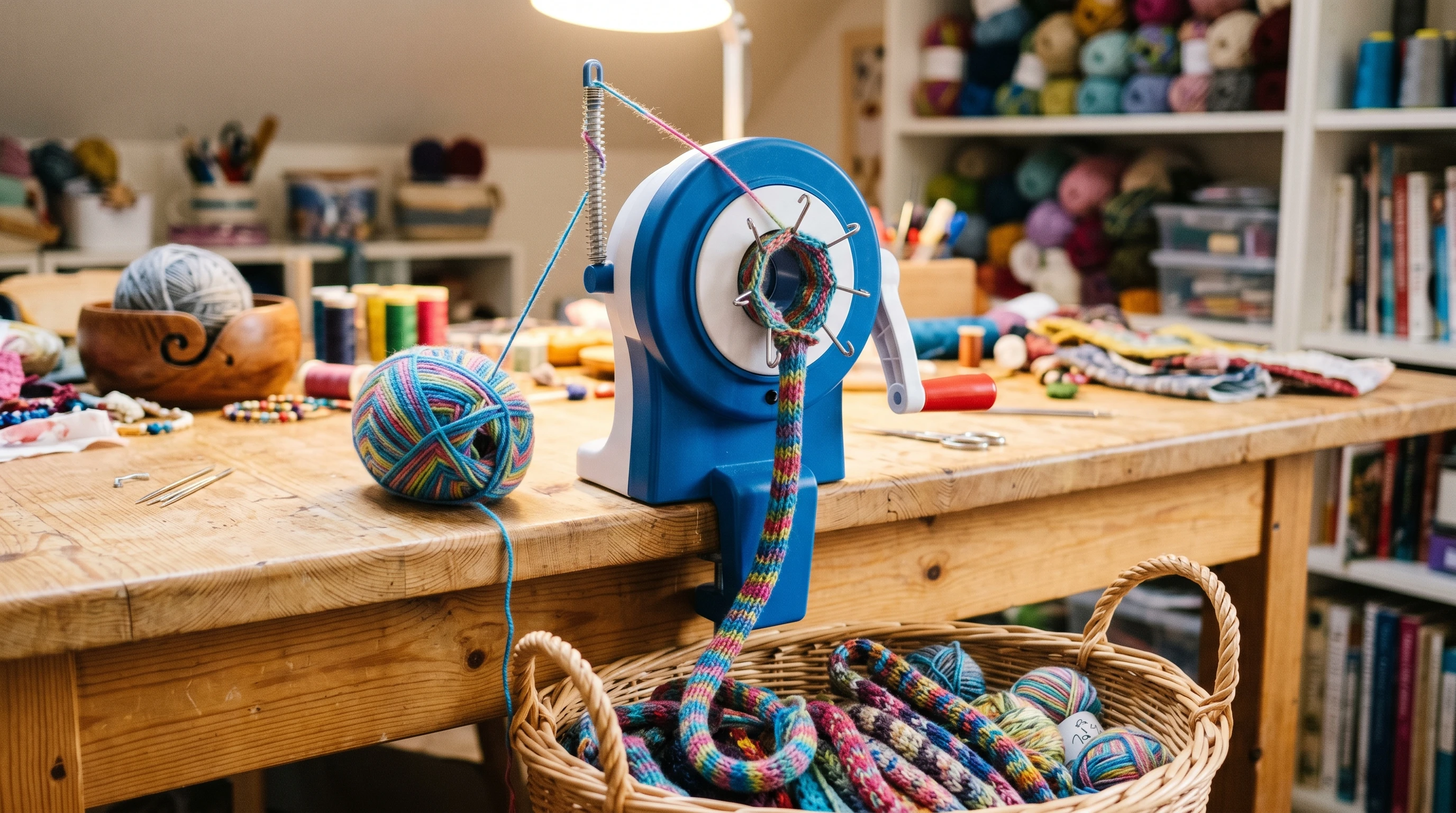 Caydo I Cord Knitting Machine on a craft table with colorful yarn
