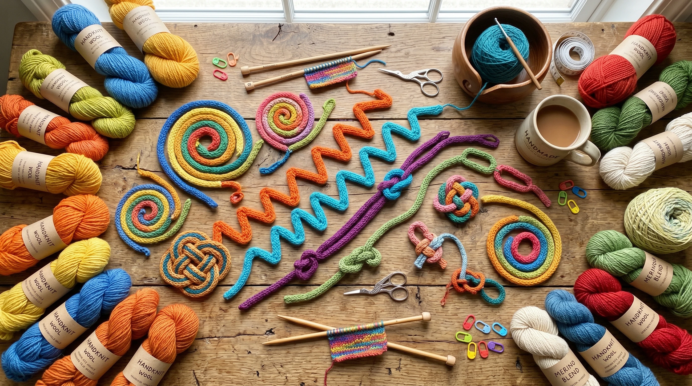 colorful knitted cords arranged in patterns