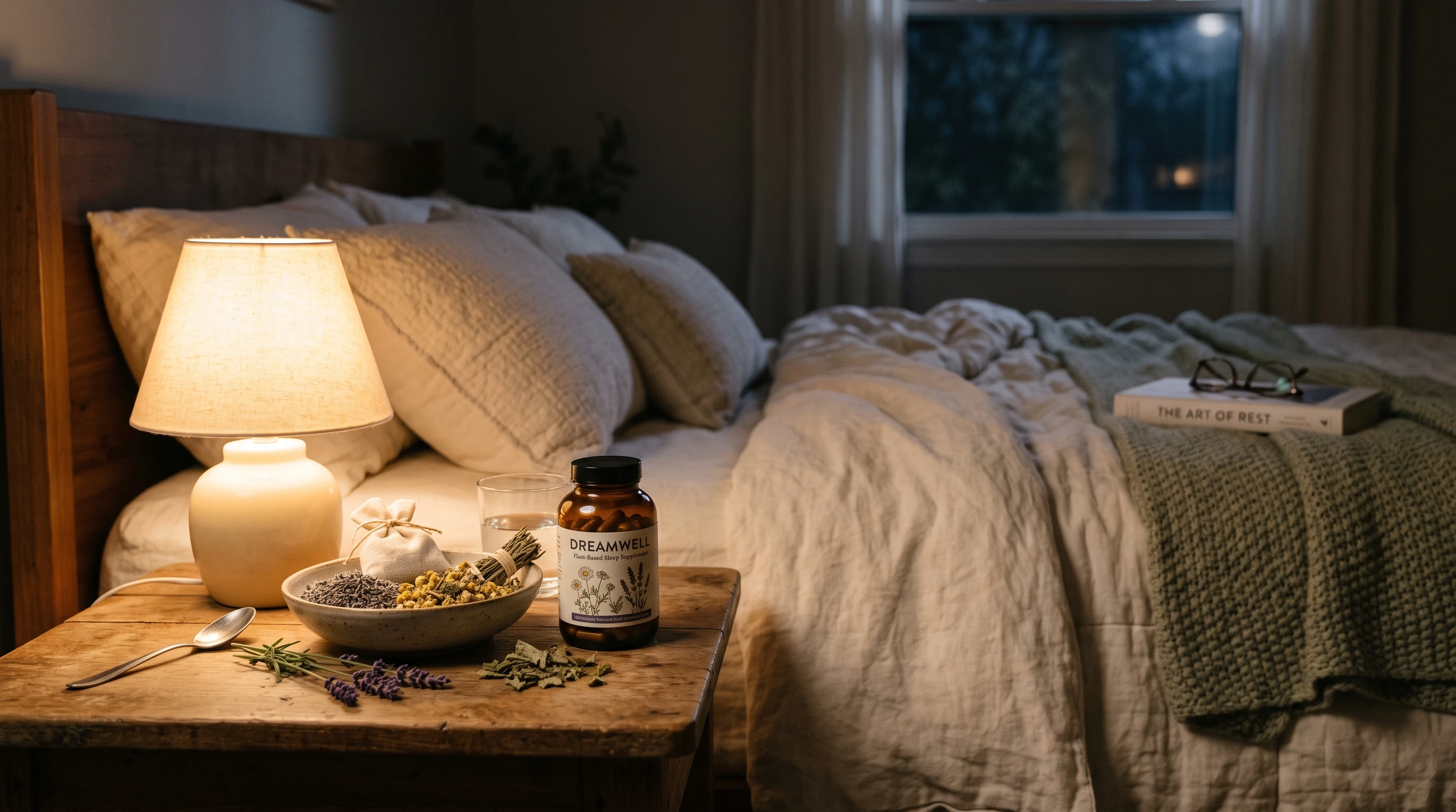 yu sleep bottle and calming herbs on a nightstand