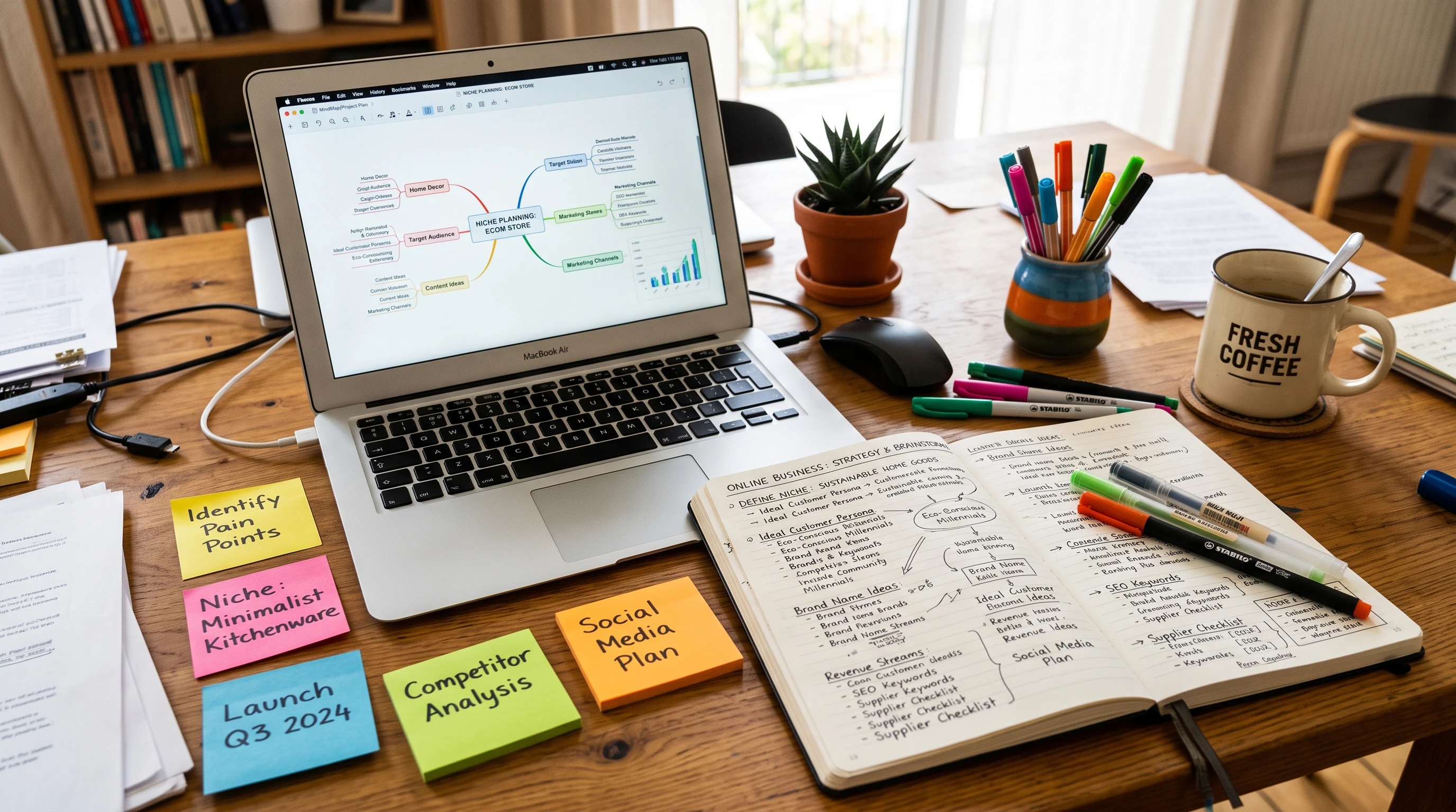A desktop with notebook, laptop, and scattered sticky notes, all showing colorful brainstorming ideas, with a focus on niche selection for online business.