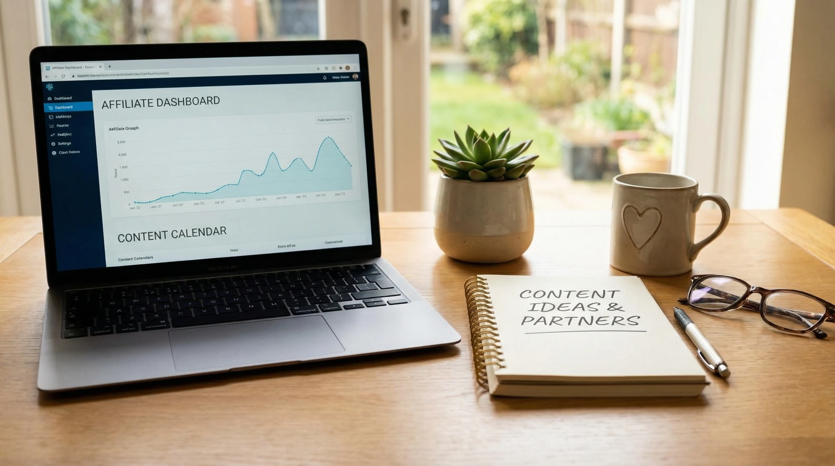 A well-organized desk with a laptop, notebook, and coffee, symbolizing professional content creation tools.