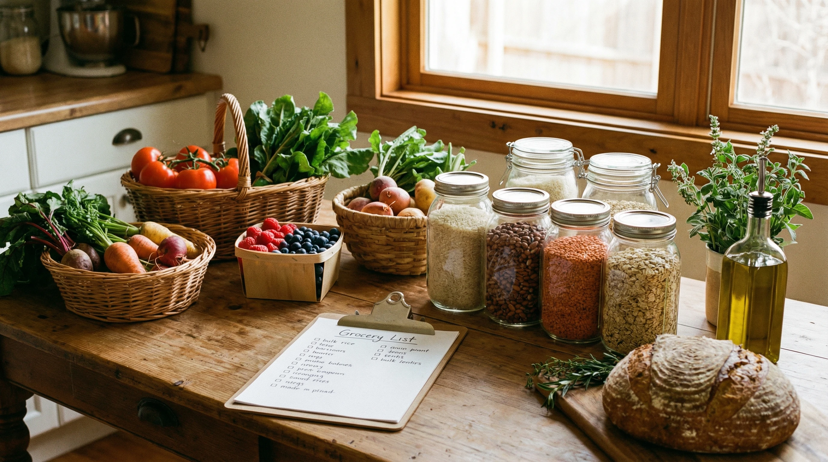 Fresh produce, pantry staples, and bulk items on a kitchen table.