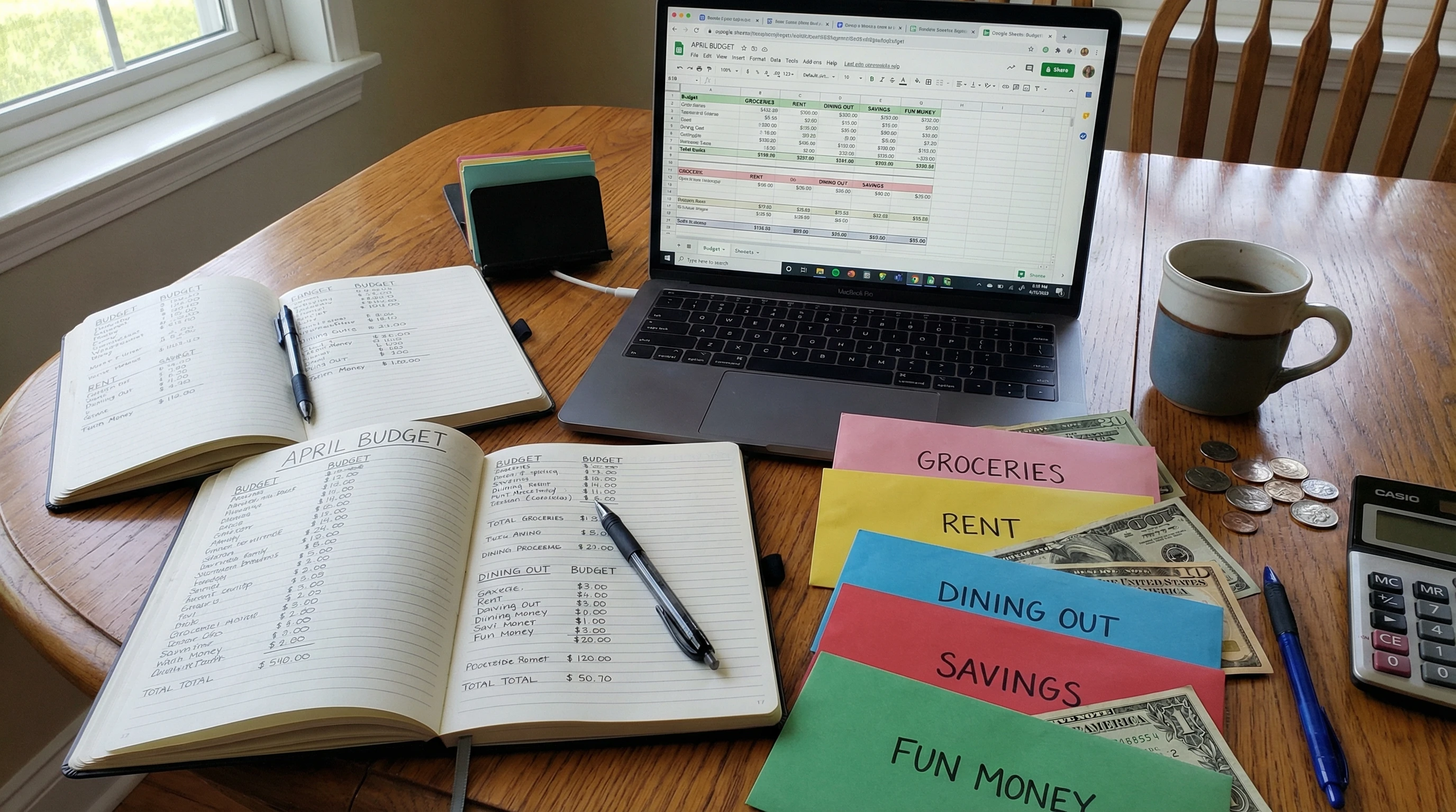 A table with open budgeting notebooks, a laptop screen showing a budget spreadsheet, and colorful envelopes arranged as for envelope budgeting.