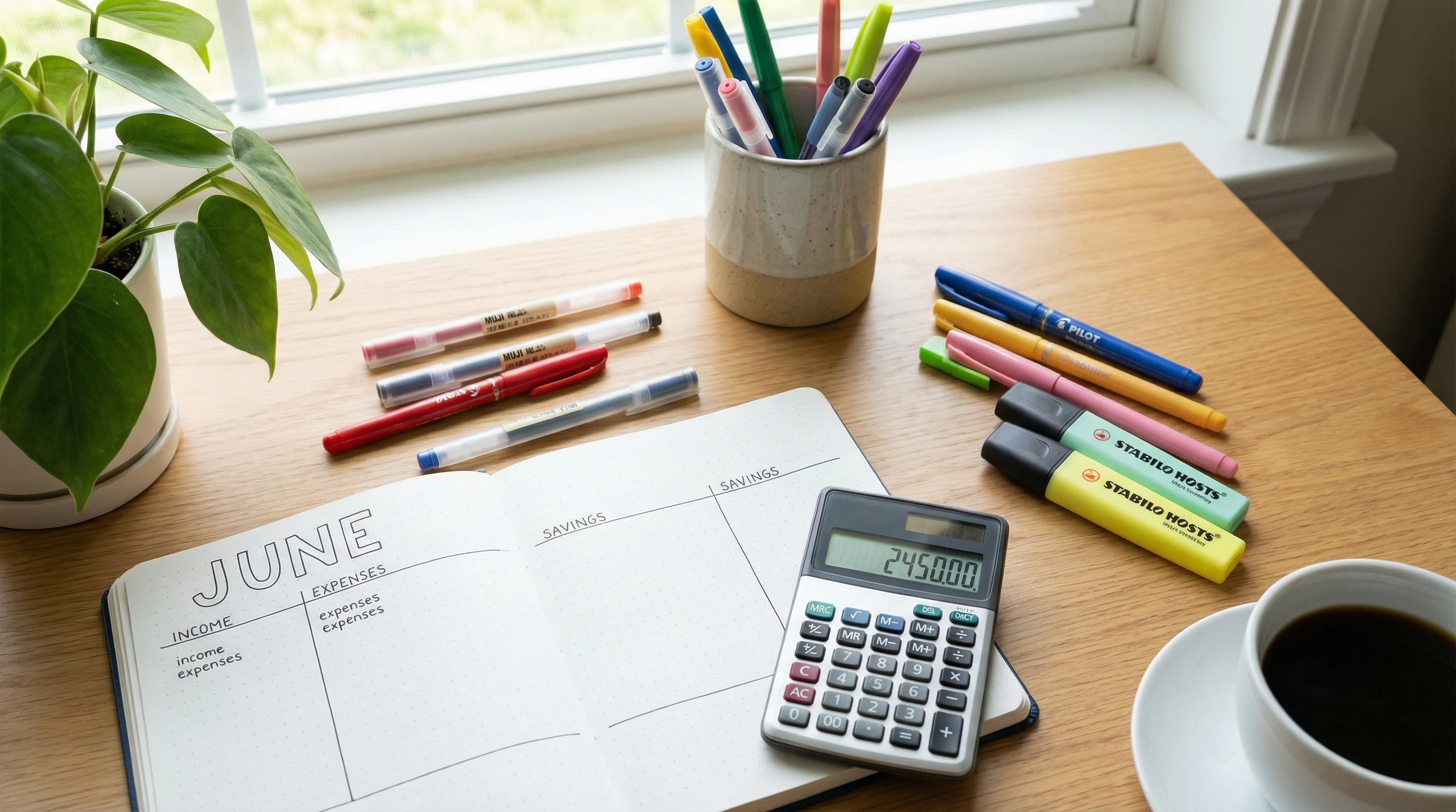 A clean, organized desk with a notebook open to a budget plan, calculator, and several colored pens and highlighters scattered nearby.