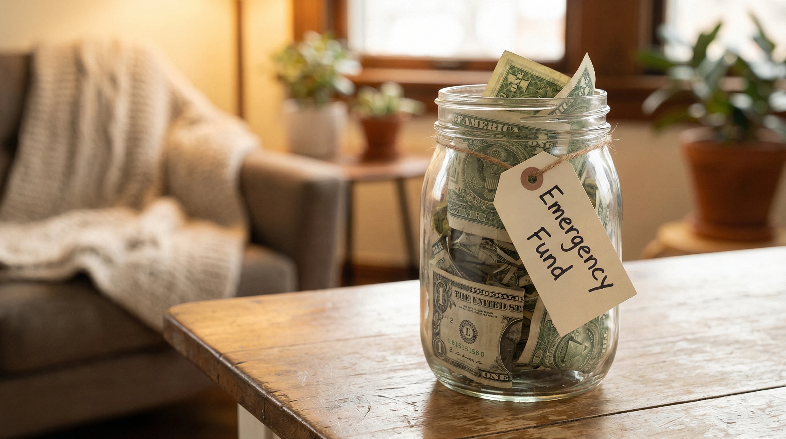 Glass jar labeled 'Emergency Fund' filled with dollar bills on a table